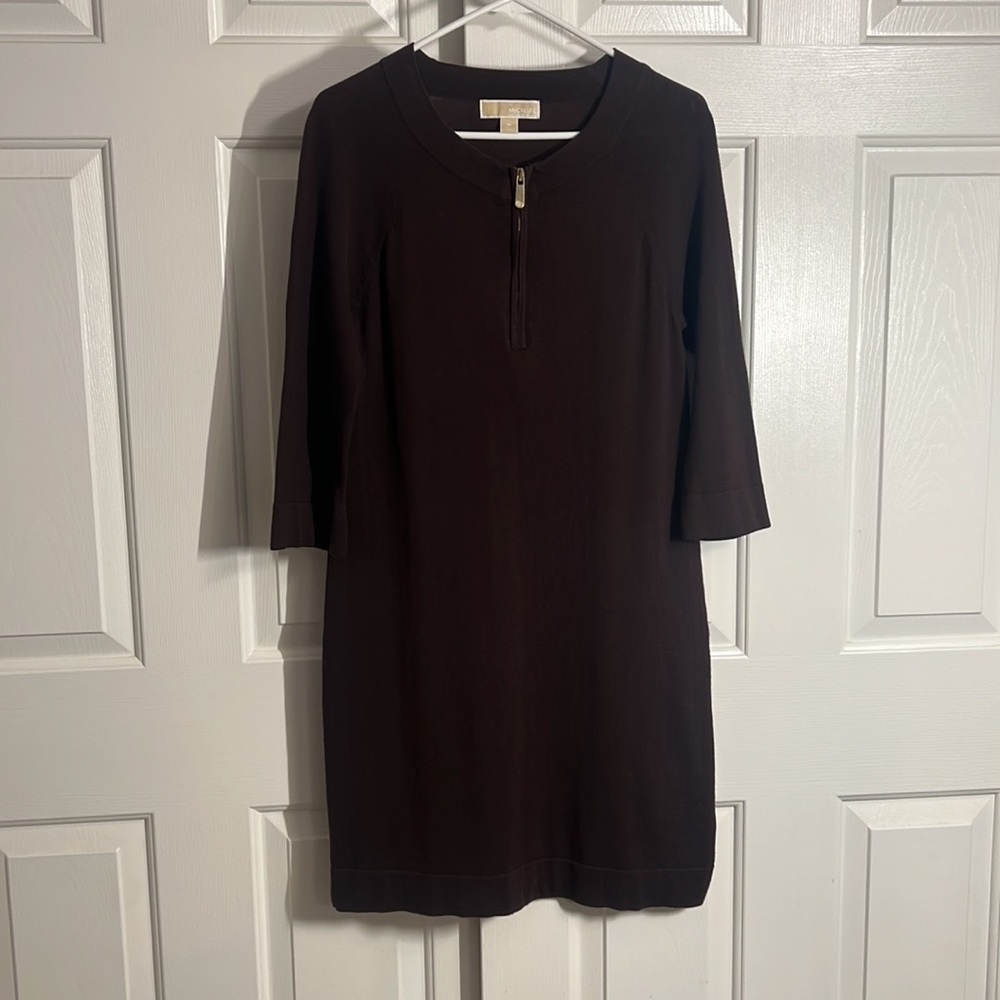 U78- Michael Kors Brown Long Sleeve Front Logo Zip Knit Dress Size Medium